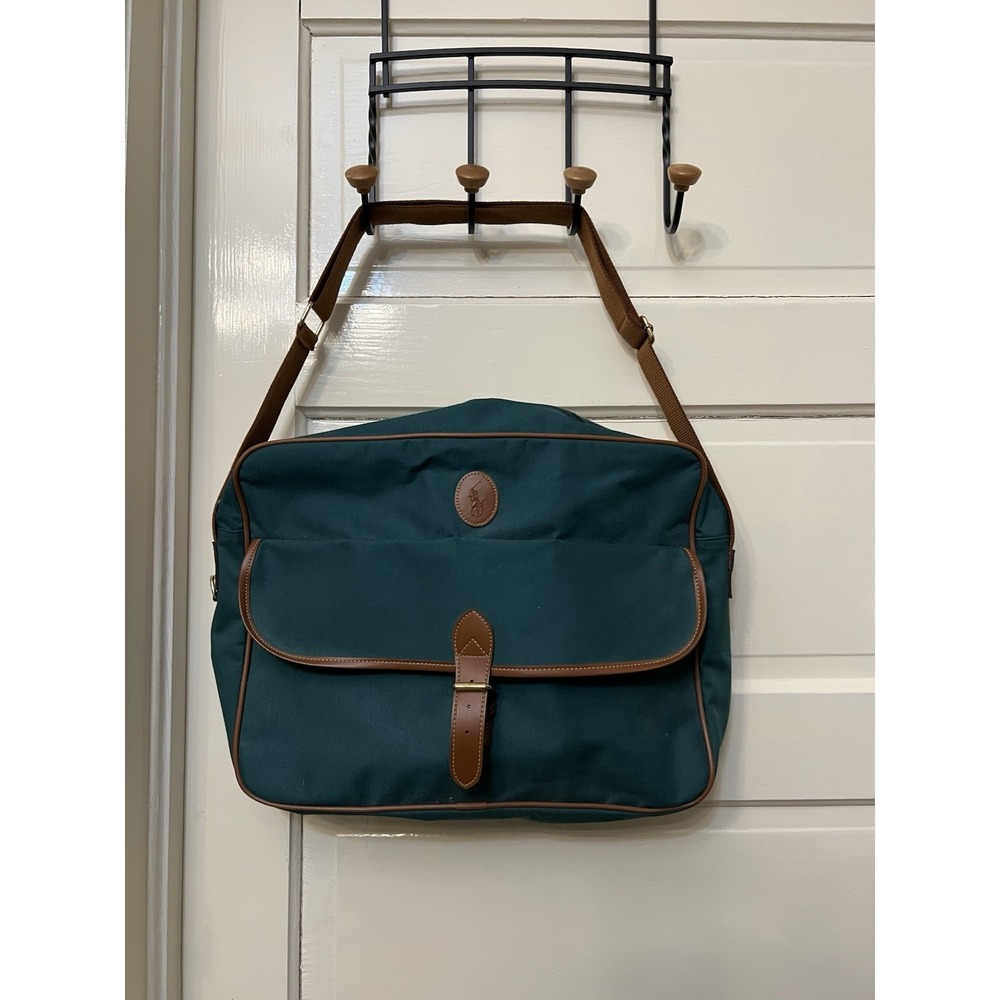Ralph Lauren Green With Brown Leather Bag 17"Wx11"H Vintage Messenger
